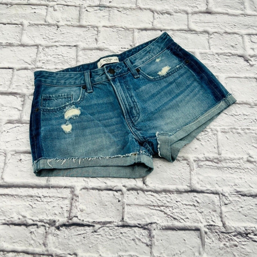 Abercrombie & Fitch Distressed Denim Shorts 26 Medium Wash High Rise Raw Hem